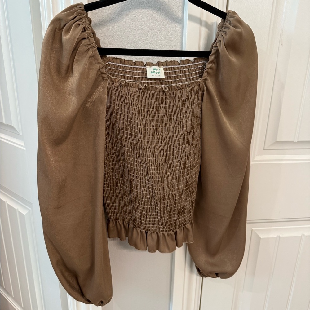SHEIN Brown Smocked Blouse with Puff Sleeves